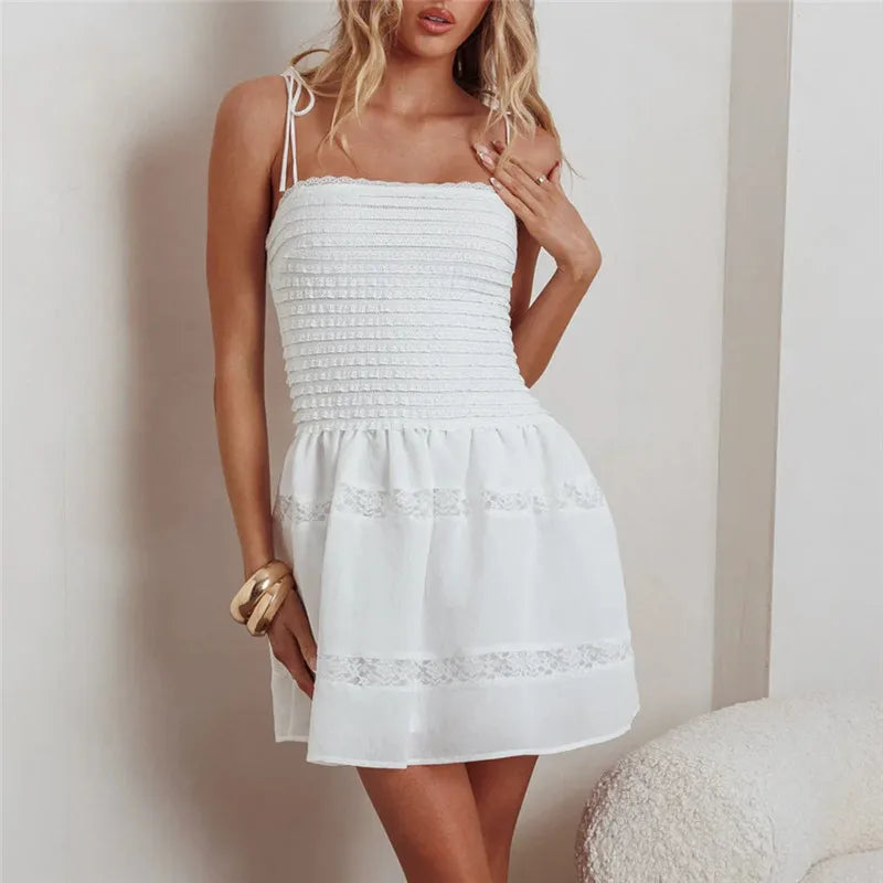 BXOXO Women's Summer Slip Dress Sheer Lace Patchwork Sleeveless Tie Spaghetti Strap Backless Mini Dress Y2K Streetwear