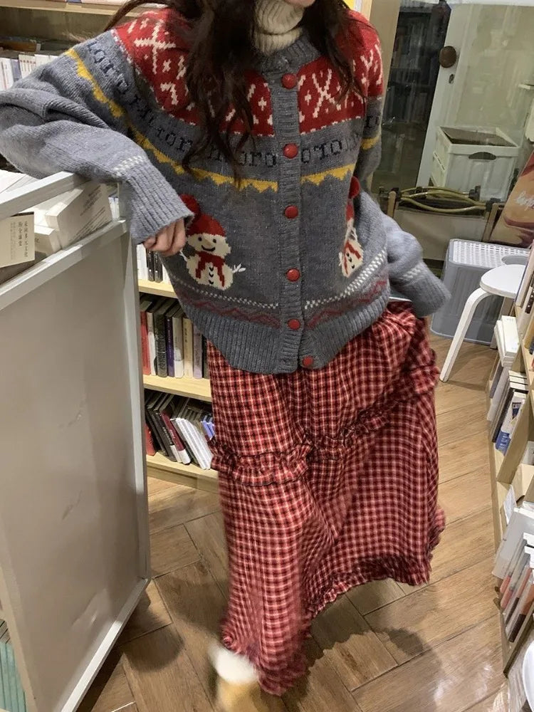 BXOXO Women Skirts Plaid Patchwork Ruffles Vintage Summer Fashion Stretch High Waist Elegant Sweet Long Skirt Female Casual