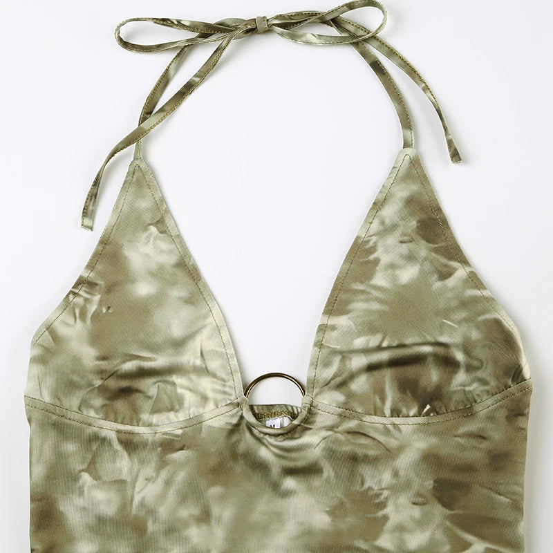 BXOXO Summer Cute Green Print Crop Top Sexy V-neck Sleeveless Camis Women Lace-up Halter Strap Vest y2k Holiday Tees Aesthetic