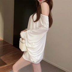 Bxoxo Solid Oversized T-shirt for Women's Casual Loose Top Fashion Bat Sleeves Simple Sexy Off Shoulder Korean Baggy T shirts Autumn