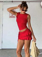 BXOXO Vacation Women 2 Piece Set Double-Deck Pleated Tassel Mini Skirt+Bandage Tank Top Festival Party Sexy Matching Outfits