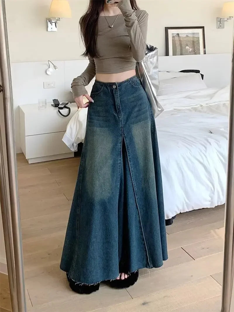 BXOXO Vintage Washing Denim Skirt Women's High-waisted Slimming A- line Long Dress Patchwork Style Spring Season New Arrival