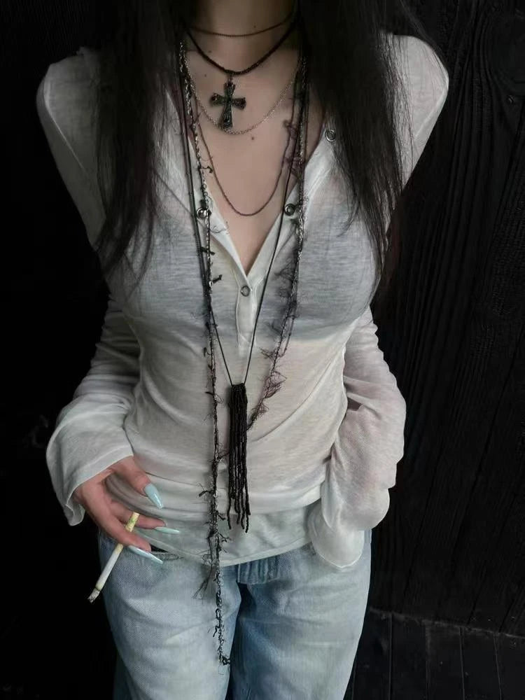 BXOXO Hooded T Shirt Women Clothes Long Sleeve See Through Slim 2000s Clothes Y2k Tees Female Clothing Chic Spring Tops Korean
