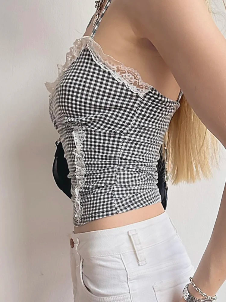 BXOXO Sweet Patchwork Lace Trim Camis Top Sexy Slim Slash Neck Sleeveless Tank Tops Women 2024 Summer Fashion Streetwear Lady