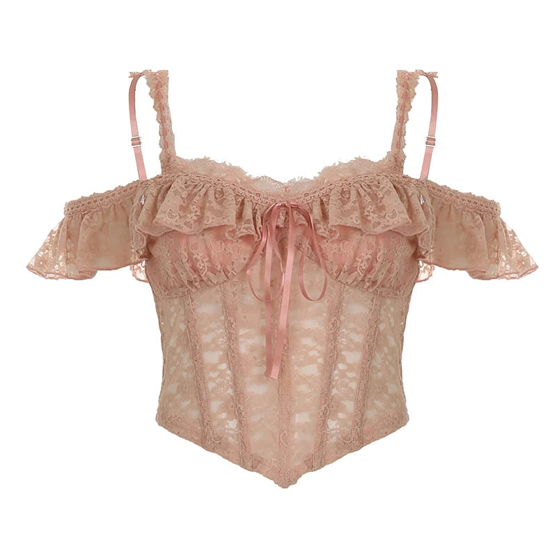 Bxoxo Cute Coquette Pink Corset Top Sweet Sexy Lace Transparent Crop Tops with Ruffles y2k Aesthetic Solid Tees Ladies Elegant