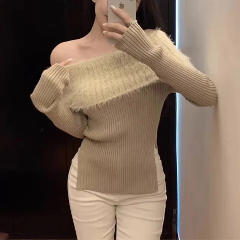 Bxoxo Off Shouder Sexy Sweaters Mink Cashmere Vintage Red Knitwear Top Jumper Y2k Clothes Pullover Pull Femme Black Sueter Mujer
