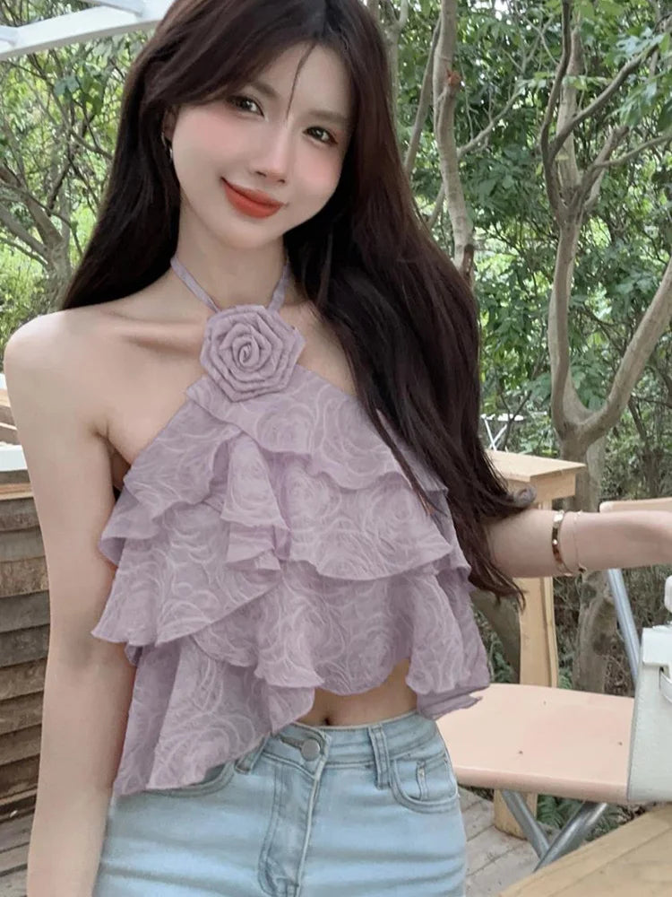 BXOXO 3D Floral Sweet Halter Tanks Women Elegant Fashion Sexy Cropped Camis Tanks Summer Chic Female Backless All Match Top Tanks