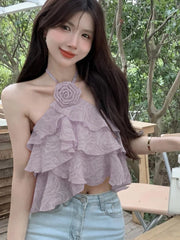 BXOXO 3D Floral Sweet Halter Tanks Women Elegant Fashion Sexy Cropped Camis Tanks Summer Chic Female Backless All Match Top Tanks