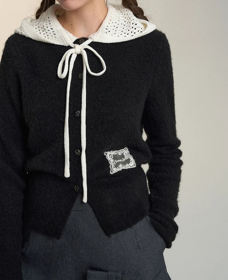 Bxoxo Vintage Streetwear Hooded Cardigan Women Long Sleeve Hollow Out Patchwork Knitted Sweaters American Retro Lace Up Lace Tops