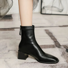 BXOXO Square Toe Women Ankle Boots Flock Stretch Shoes Thin Mid Heels Black/Brown/Beige Back Zipper Dress Sock Boots Woman Size 34-40
