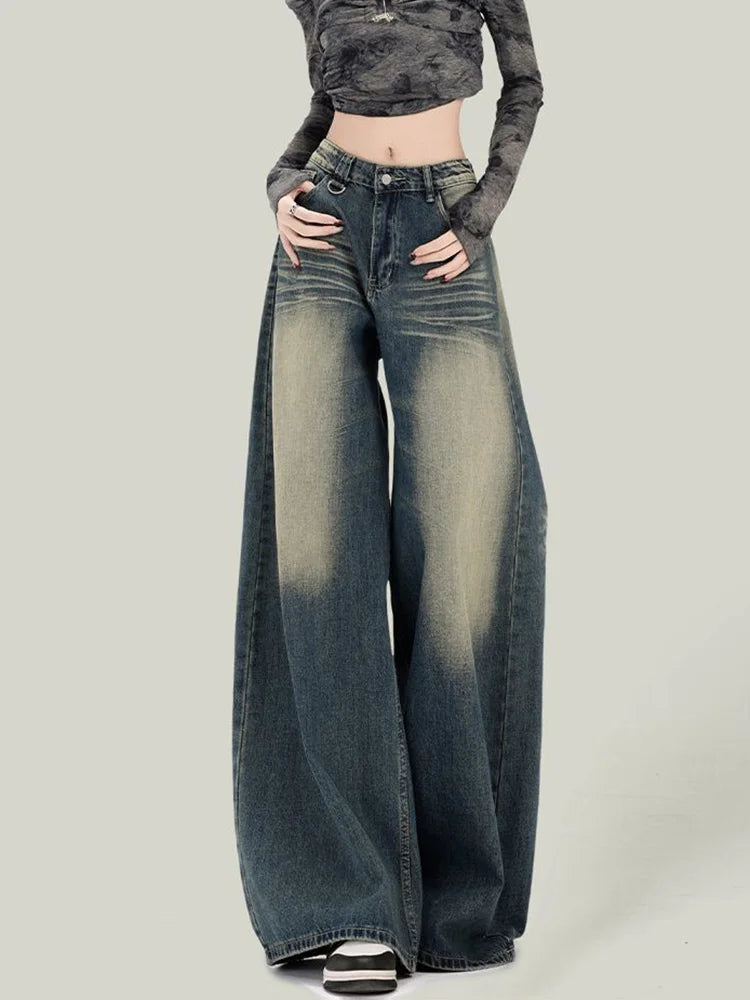 Bxoxo Women Streetwear Retro Jeans Loose High Waist Y2K Denim Pants Casual American Harajuku Fall Female Pockets Wide Leg Trousers New