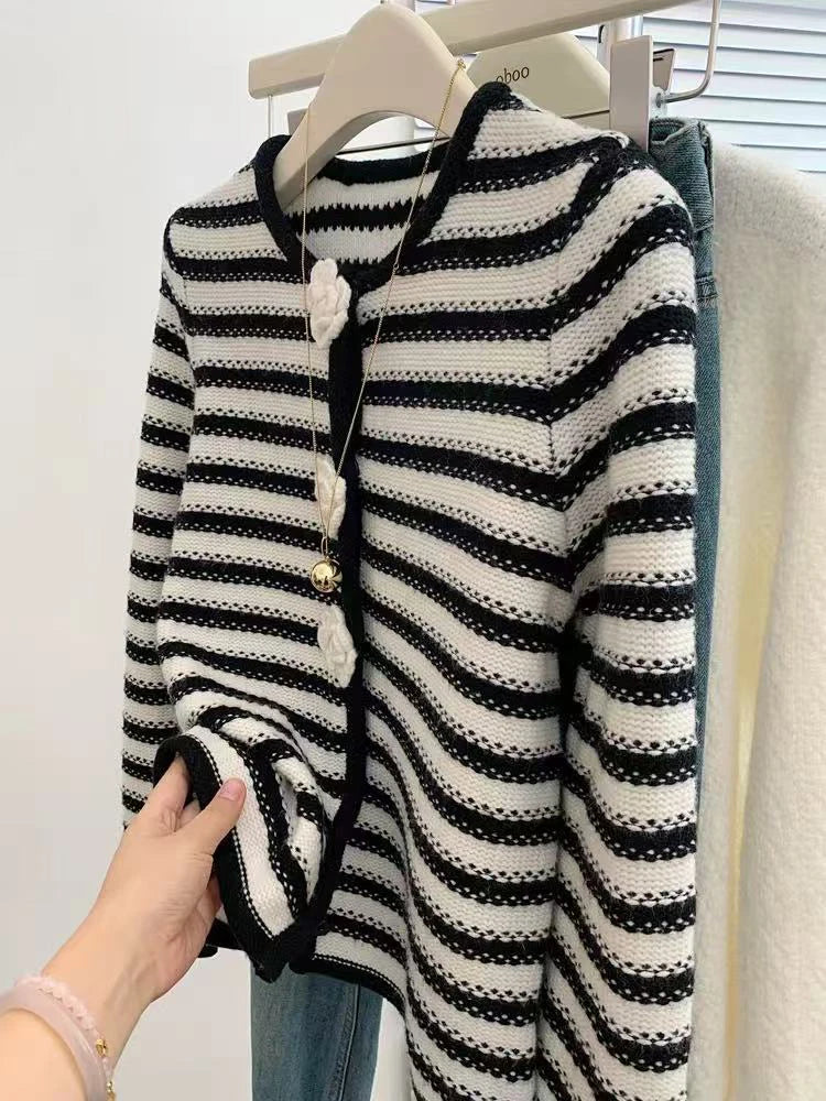 Bxoxo Stripe Knit Cardigan for Women Autumn Fashion 3D Flower Long Sleeve Female Knitwear Korean Elegant Slim All Match Button Coats
