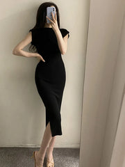 BXOXO Summer New Short Sleeve Women Folds Casual Charm Slim Fit High Waist Split Long Christmas Dress Sexy Wrap Hip Gentle Solid