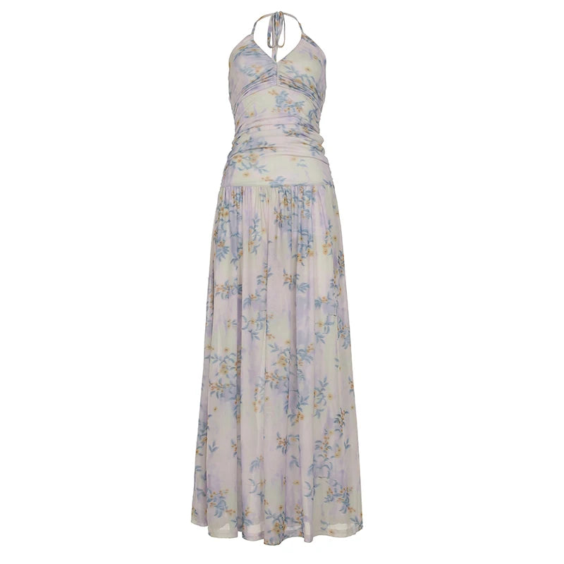 BXOXO Fashion Holiday Style Floral Print Halter Dresses Sleevelwss Slim fit Mesh Fairycore Women Long Dresses