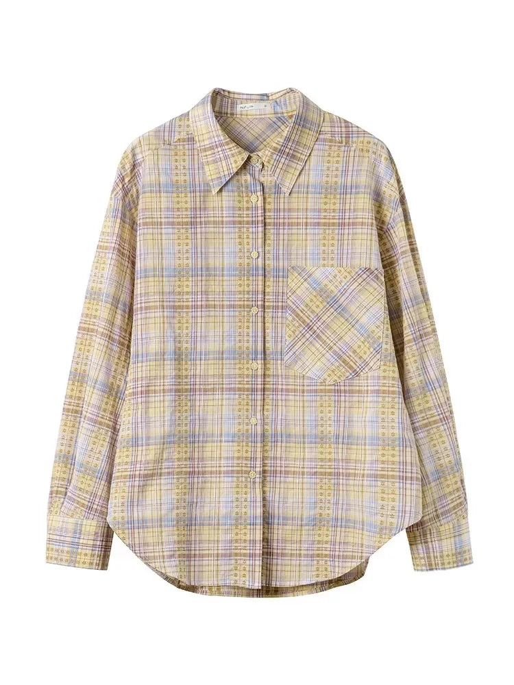 Bxoxo Sweet Yellow Plaid Shirt Women Casual Vintage Long Sleeve Pocket Blouse American Fall Preppy Style Female Retro Loose Tops New