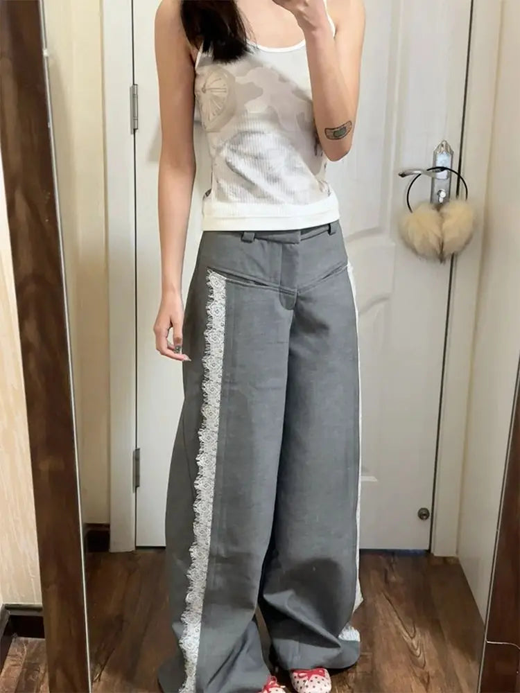 Bxoxo Y2k Gray Lace Women Suit Pants Vintage Harajuku Patchwork Wide Leg Korean Fashion Baggy Trousers Elegant Casual Sweet