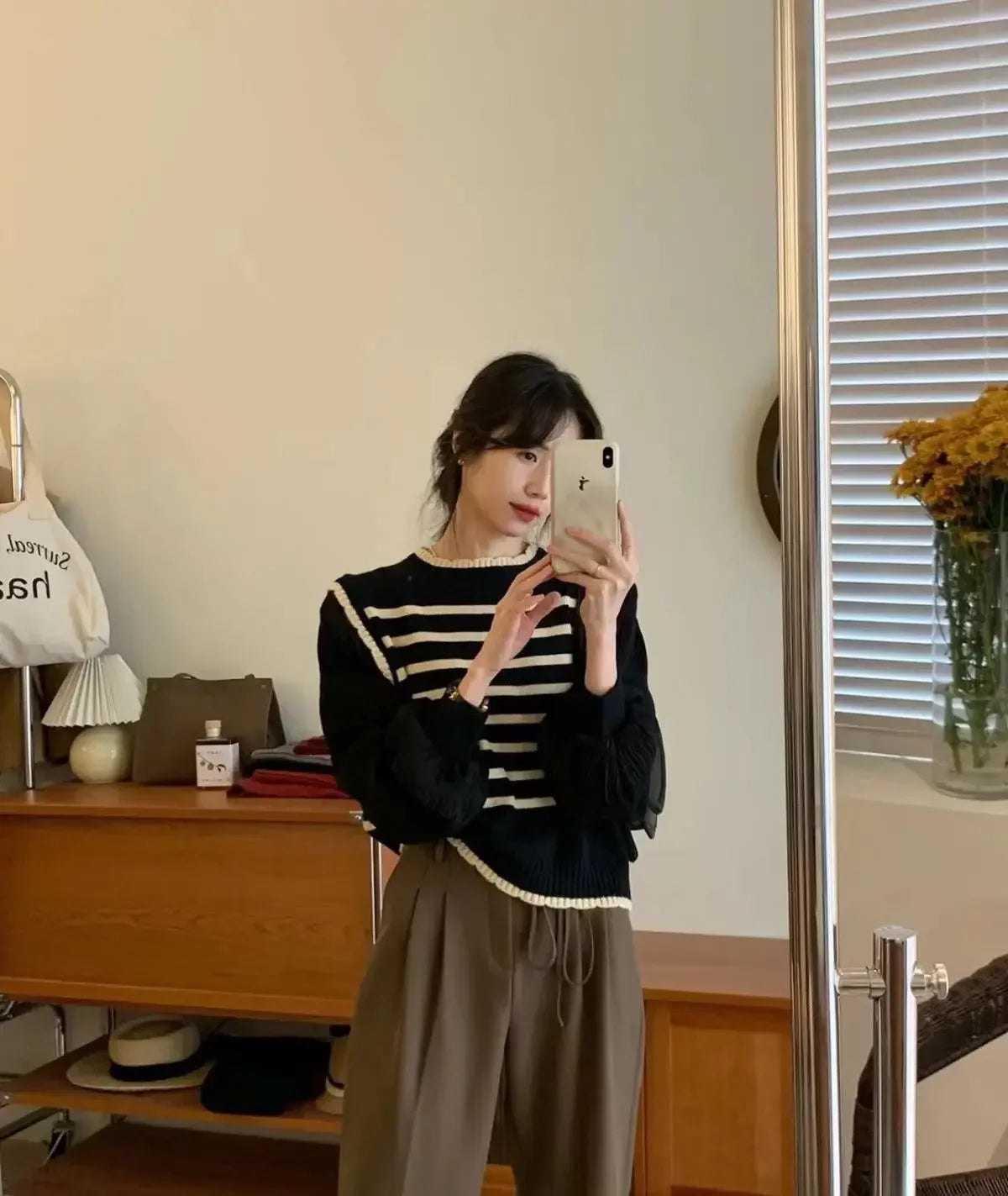 Bxoxo women Black and white striped fake two-piece knitted sweaters pring and autumn Korean soft glutinous pullover sweater female