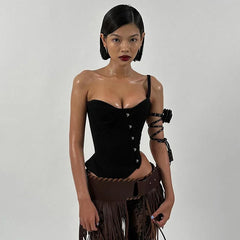 Bxoxo Fashion Women Buckle Irregular Crop Tops One Shoulder Strap Corset Tops Slim Waist  Low-cut Tanks Camis Bralette Bustiers New