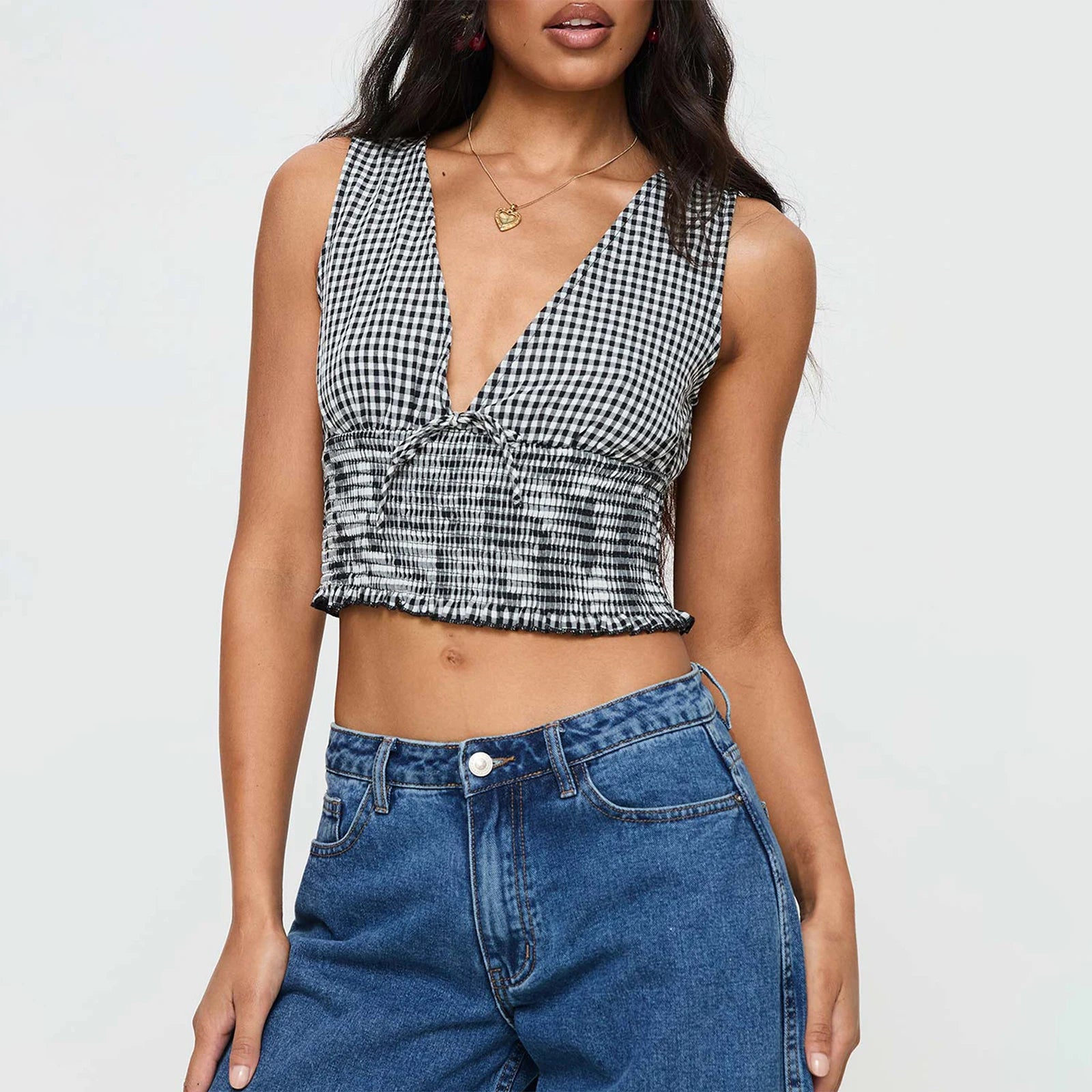 BXOXO Women Y2k Gingham Crop Tops Sleeveless V Neck Shirred Peplum Tank Tops Vintage Plaid Bow Tie Slim Fit Cropped Cami Tops