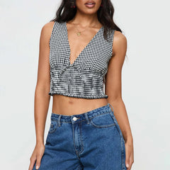 BXOXO Women Y2k Gingham Crop Tops Sleeveless V Neck Shirred Peplum Tank Tops Vintage Plaid Bow Tie Slim Fit Cropped Cami Tops