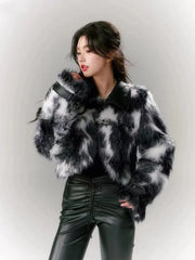 Bxoxo Fashion Tie Dye Faux Lamb Coat Women Y2K Streetwear All Match Hairy Crop Outerwear Fall Winter Pu Leather Patchwork Fur Jacket