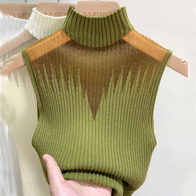 BXOXO Mesh Hanging Neck Semi-high Neck Knitted Small Vest Female Undershirt Sweater Sleeveless T-shirt Short Tanks Female