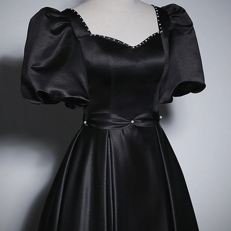BXOXO Elegant Satin Black Evening Dresses Beaded Ruched Sweetheart Short Sleeves Formal Party Gowns Long Prom Dresses Robe De Soirée