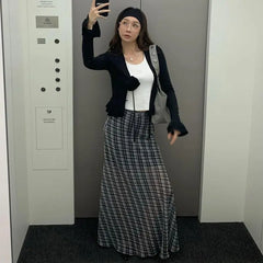 Bxoxo Vintage Plaid Skirt Women Korean Style Y2k Mesh Long Skirts Elegant Sweet Harajuku Retro Fashion Skirts Streetwear