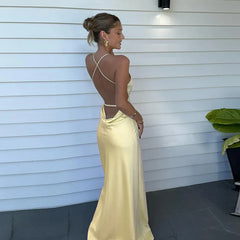 BXOXO Women's Satin Long Slip Dress Solid Color Sleeveless Spaghetti Strap Back Cross Slim Fit Dress Summer Party Clubwear