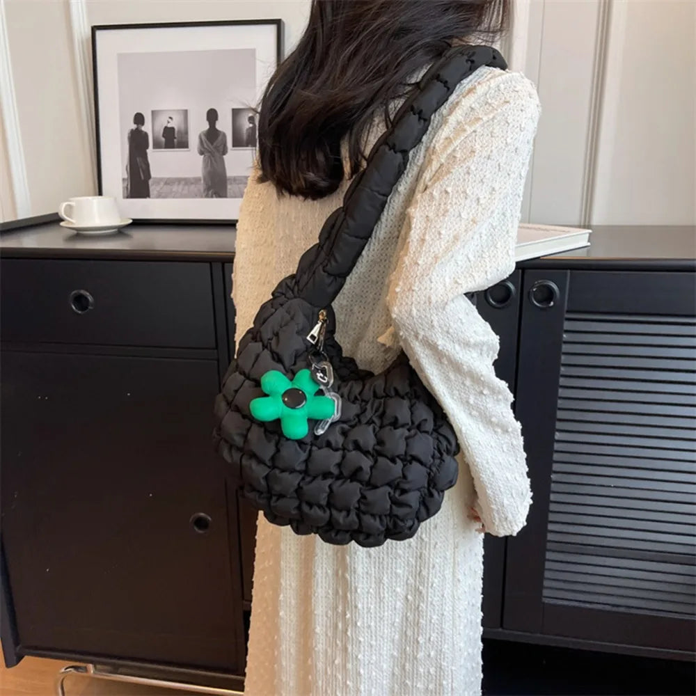 BXOXO Plaid Quilted Crossbody Bags for Women Korean Bubble Embroidered Shoulder Bags Ruched Solid Satchel Underarm Bag with Pendant