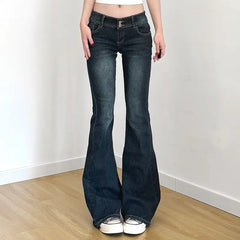 Bxoxo Vintage Washed Basic Flared Jeans Women Low Waist American Style Slim Denim Pants Button-up Trousers Casual Aesthetic
