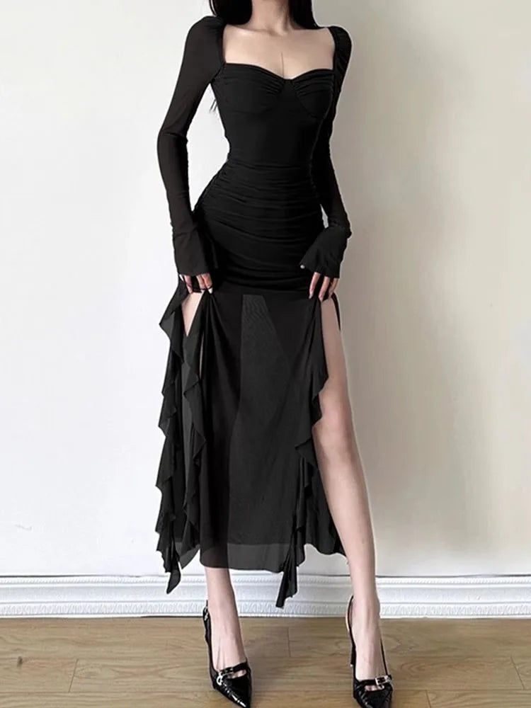 BXOXO Fashion Sexy Mesh Long Sleeved Dress for Women Y2k Grunge Slim Fit Split Dresses 2025 Summer New Mid-length Vestidos Mujer