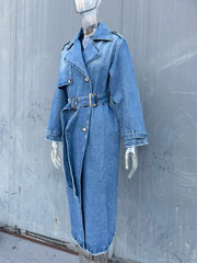 BXOXO X-Long Denim Trench Coats For Women Belt On Waist Slim Jean Coats Ladies Jaqueta Feminina Blue Jean Jacket Woman