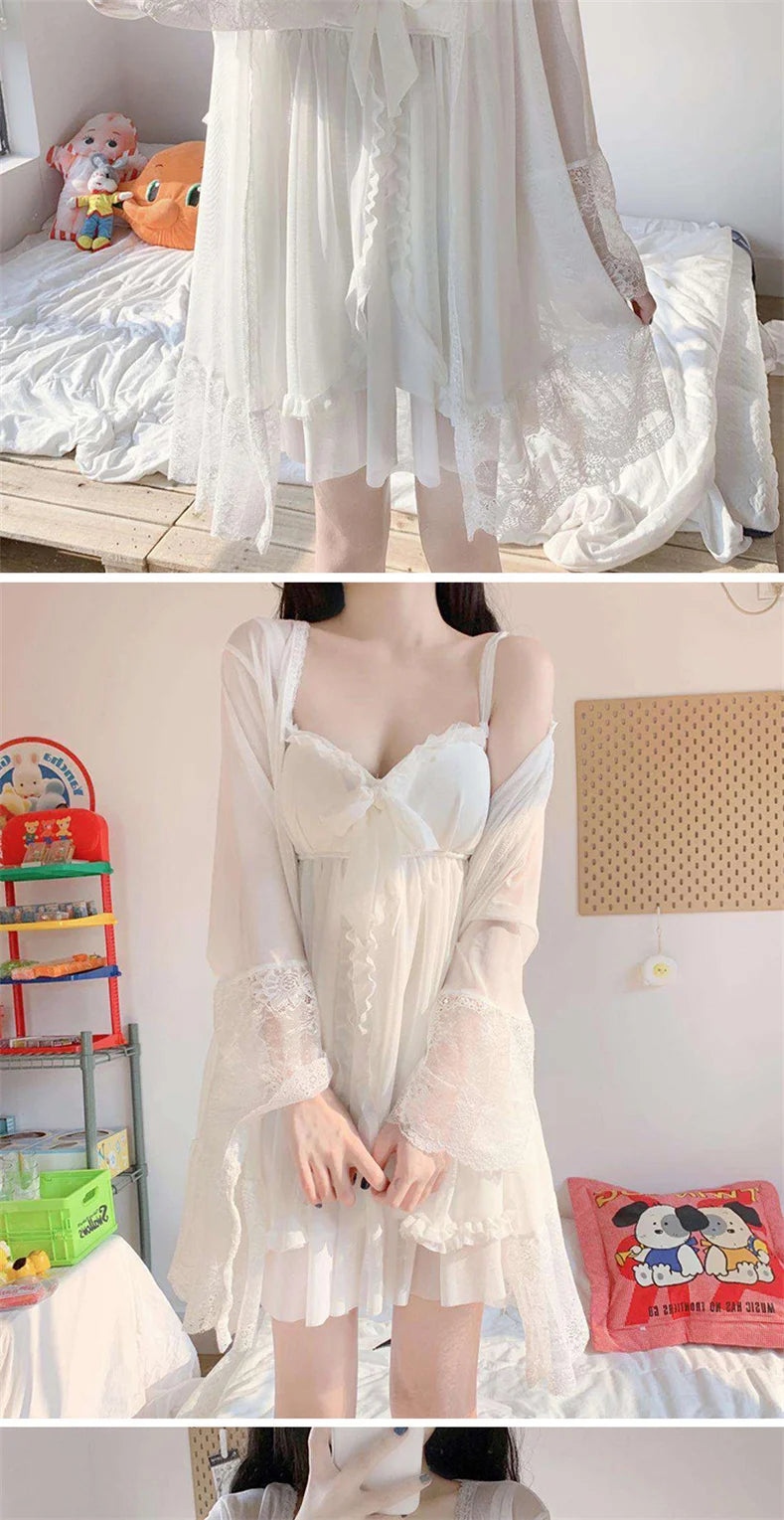 Bxoxo Elegant Sweet Simple Solid White Women Robe Gown Sets Chic Lace Bow Mesh  Sleepwear Breathable Slim Nightdress