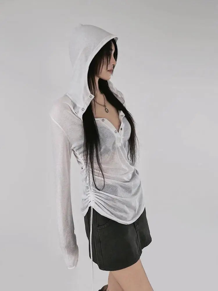 BXOXO Hooded Sheer T Shirt Woman Clothes Long Sleeve Korean Fashion 2000s Clothes Y2k See Through Autumn Tops Tees Female
