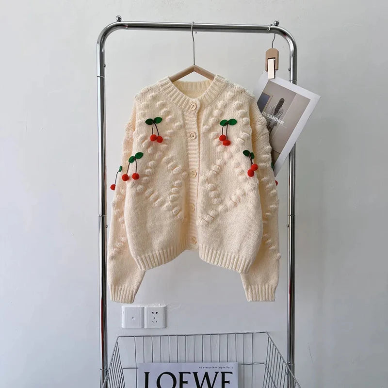 Bxoxo 3D Cherry Sweet Women Cardigan Spring New Korean Elegant Long Sleeve Casual Knit Sweaters Y2K Loose Lazy Style Female Coats