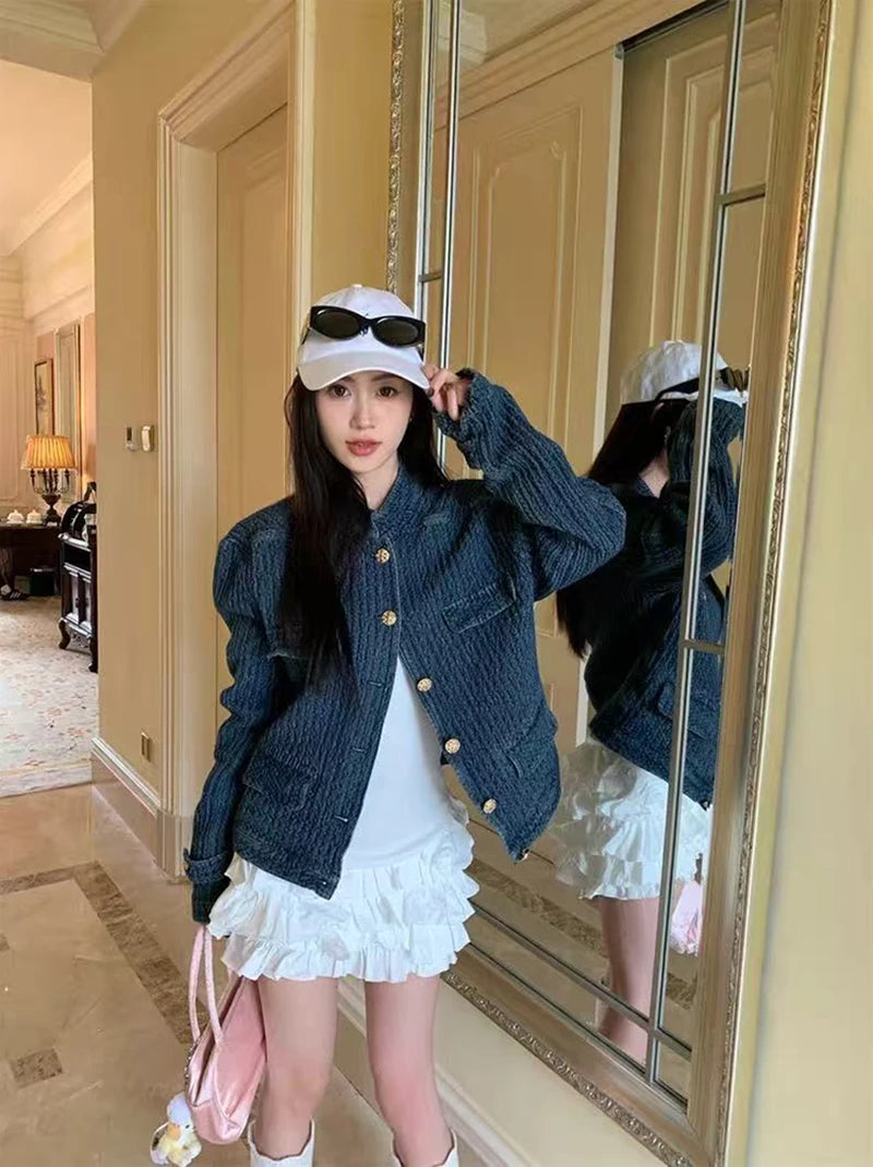 Bxoxo Vintage Stand Collar Denim Jacket Women Autumn Loose Streetwear Single Breasted Coats Y2K Korean Chic Long Sleeve Casual Outwear
