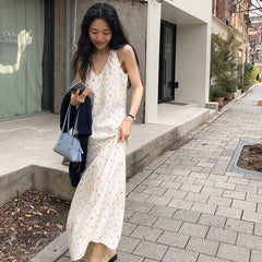 Bxoxo Romantic Floral Print V-Ne Svel Long Dr Chic Sweet Sle Loose Waist Design Polyester Fiber A-Line Silhouette