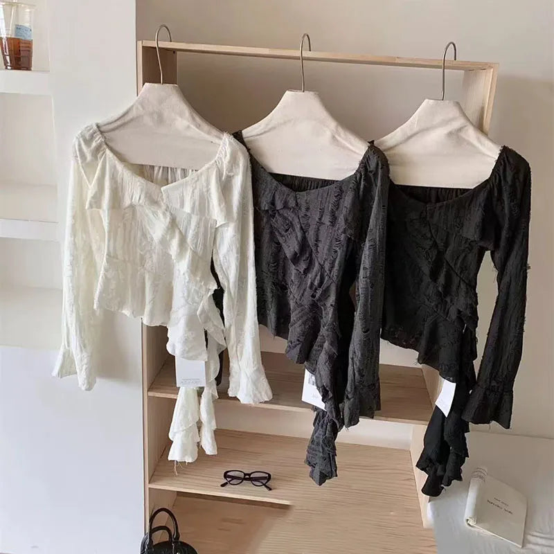Bxoxo Irregular Patchwork Women T Shirts Y2K Fashion Gothic Ruffled Sleeve Female Tops Streetwear Sexy Hollow Out Hole Casual Tees New