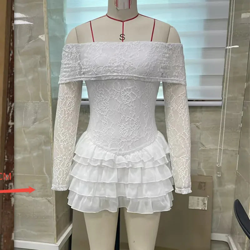 BXOXO Long Sleeve Lace Mini Dress for Women Sexy Low Cut Going Out Dress Y2k Off Shoulder Hollow Floral Hip-Wrapped Dress