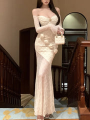 Bxoxo Sexy Bodycon Party Women's Dresses Elegant Slash Neck Lace Patchwork Off Shoulder Long Sleeves Evening Dress Vestidos Long Robe