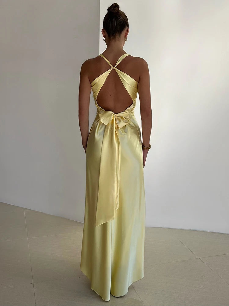 BXOXO  Satin Bow Backless Sexy Maxi Dress For Women Gown Fashion V Neck Sleeveless Club Party Evening Dress Elegant