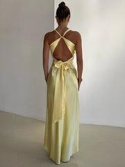 BXOXO  Satin Bow Backless Sexy Maxi Dress For Women Gown Fashion V Neck Sleeveless Club Party Evening Dress Elegant