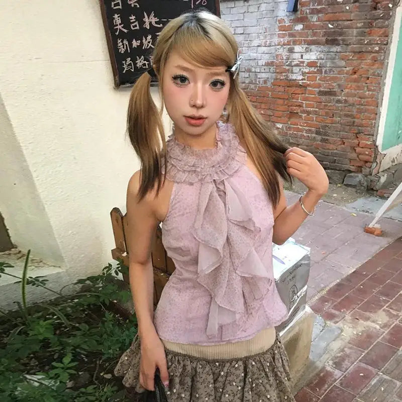 BXOXO Y2k Japanese Tank Tops Women Leopard Sleeveless T-shirt Streetwear Fairycore 2000s Aesthetic Lace Camis Ruffles Summer