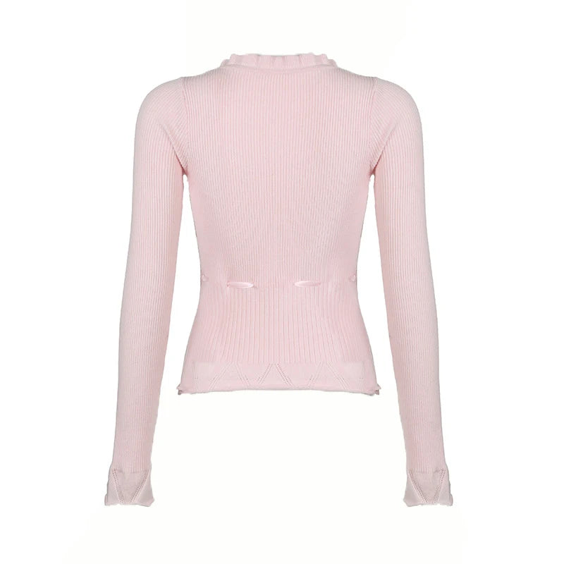 Bxoxo Fairycore Clothing Top y2k Women Ruffle Lace Patchwork Long Sleeve Knitted T Shirt 2000s Coquette Clothes Streetwear