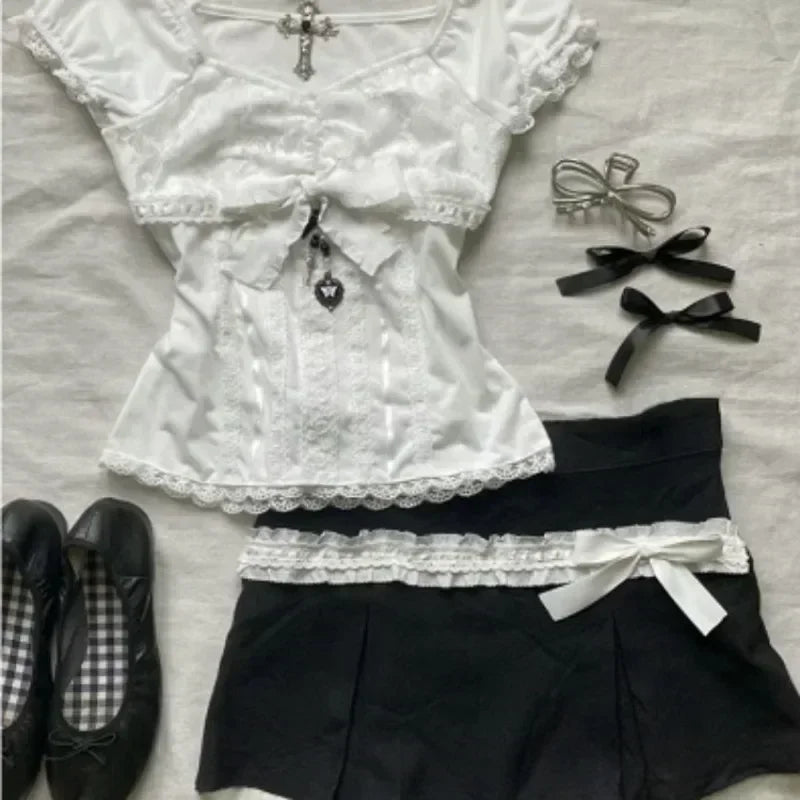 BXOXO Summer New Two Piece Sets Women Japanese Sweet Vintage Lace Slim Short Sleeve Tops + Y2k High Waist Bow Patchwork Skirts