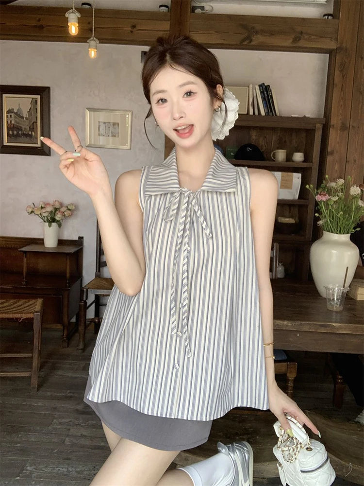 Bxoxo Vintage Striped Sleeveless Shirts Women Summer Loose Lapel Lace Up Blouse Y2K French Elegant Casual Female All Match Tops New