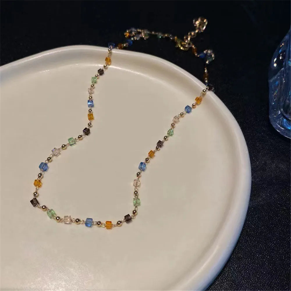 BXOXO Simple Colorful Square Acrylic Choker Fashion Gold Color Bead Chain Necklace Vintage Crystal Necklace For Women  Party Jewelry