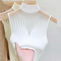 BXOXO Mesh Hanging Neck Semi-high Neck Knitted Small Vest Female Undershirt Sweater Sleeveless T-shirt Short Tanks Female