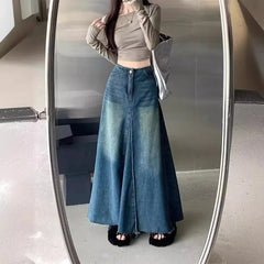 BXOXO Vintage Washing Denim Skirt Women's High-waisted Slimming A- line Long Dress Patchwork Style Spring Season New Arrival